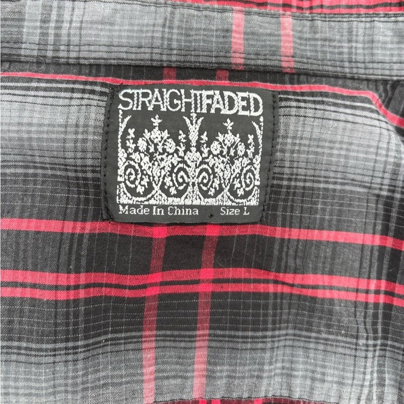 Straight Faded Mens L Black Red Gray Plaid L/S Button-Up Shirt Cowboy Biker - Picture 4 of 6